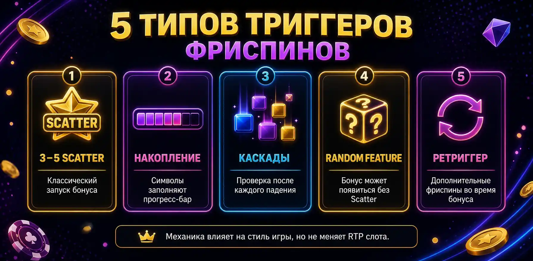 Схема работы триггеров фриспинов: классические скаттеры, накопительная механика, каскадные проверки и Random Feature.