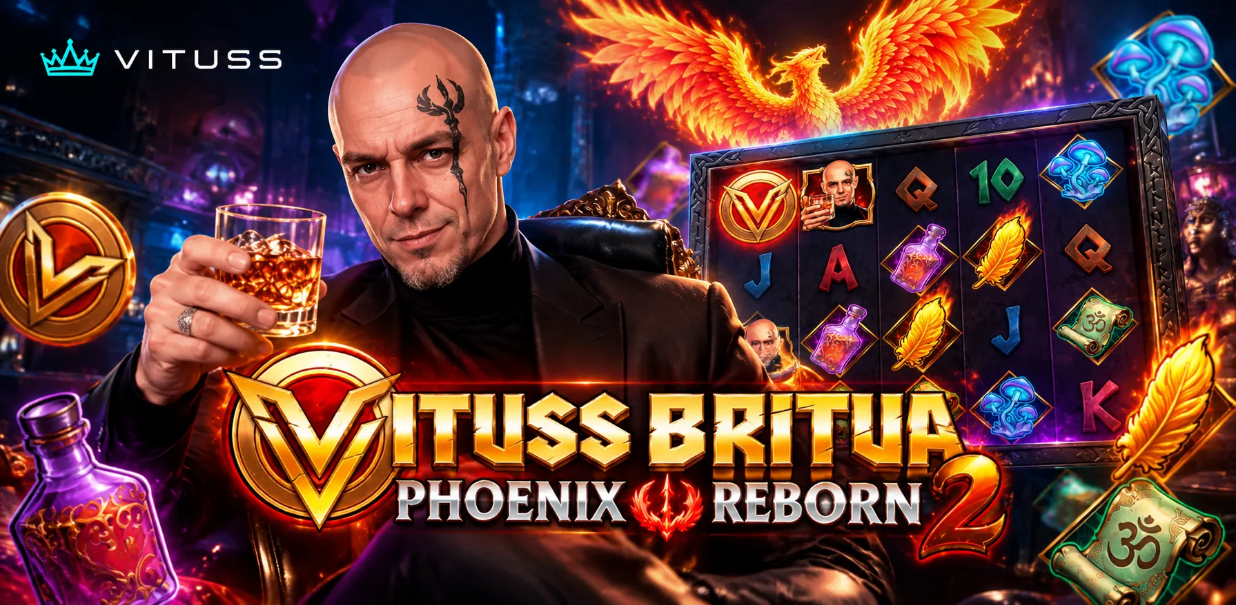 Интерфейс слота Vituss Britva 2: Phoenix Reborn — поле 5×5 с яйцами феникса и логотипами стримера