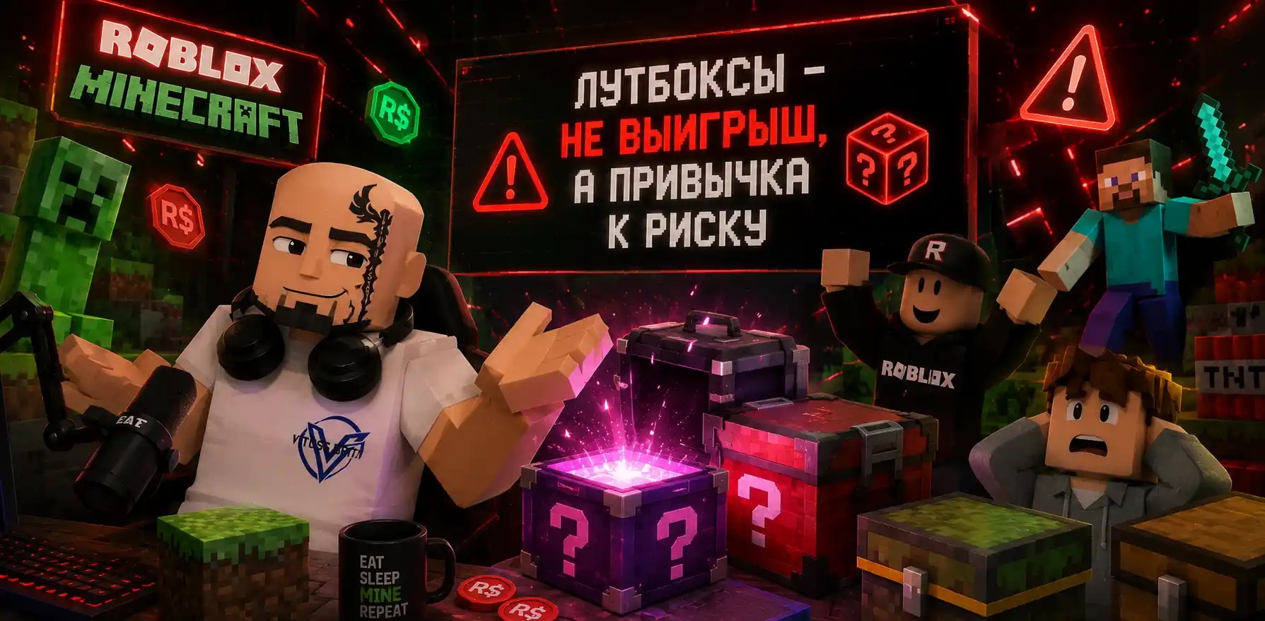 Концепт новости о Roblox и Minecraft: игровые кубы, сундуки с наградами, символы случайного выигрыша и обсуждение регулирования видеоигр.